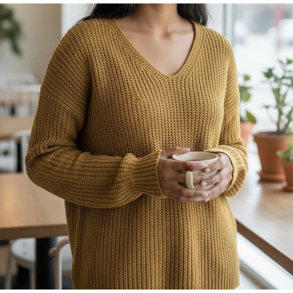 Jenni Kayne Mustard Yellow Knit Pullover Sweater V-Neck Women's Long Sleeve